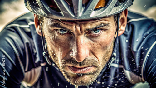 A focused close-up of a cyclist's face as they pedal with determination, sweat dripping down as they tackle a challenging course with serious intent