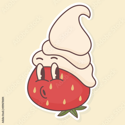 Strawberry cream sticker that looks back in  flat style
