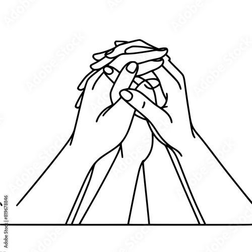 hands gracefully connected as a team, stacked on top of each other, concept of unity and support, one line vector drawing