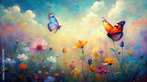 A pair of vibrant butterflies fluttering among colorful wildflowers in a sun-drenched meadow  with a soft watercolor filter adding a dreamy quality to the scene