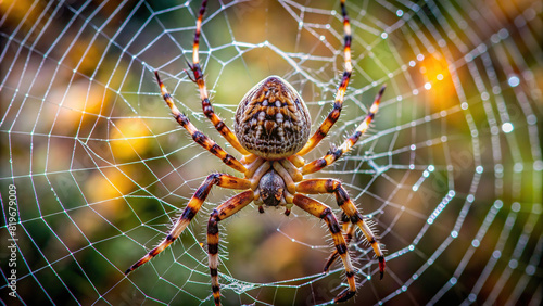 Macro shot of a spider on its web, with intricate patterns and silk strands