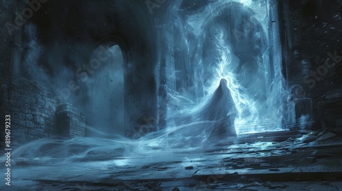 A ghostly apparition drifting through the corridors of a crumbling, ancient castle, surrounded by a swirling, ethereal glow that illuminates the eerie stone walls.