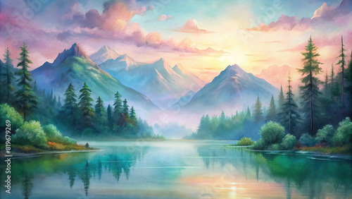 A serene lake surrounded by lush greenery and towering mountains, with the soft colors of sunrise creating a watercolor-like painting in the sky reflected on the calm water surface photo