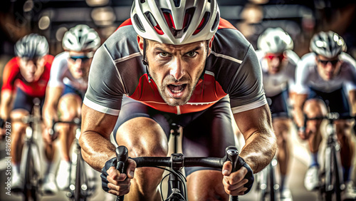 A macro shot of a cyclist's determined expression as they pedal furiously towards the finish line, fully committed and serious about their race
