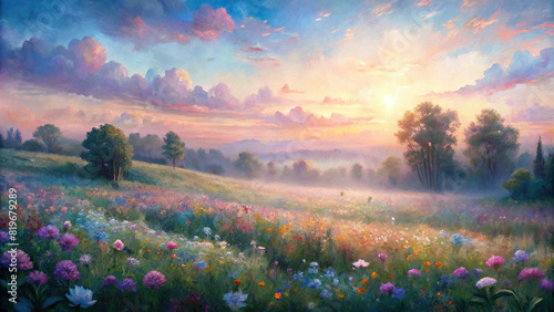 A panoramic view of a serene countryside meadow dotted with blooming wildflowers  with the soft colors of dawn creating a watercolor painting-like effect in the sky