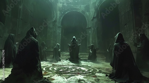 An occult ceremony taking place in a dimly lit room, with hooded figures chanting around a pentagram and summoning dark, supernatural forces.