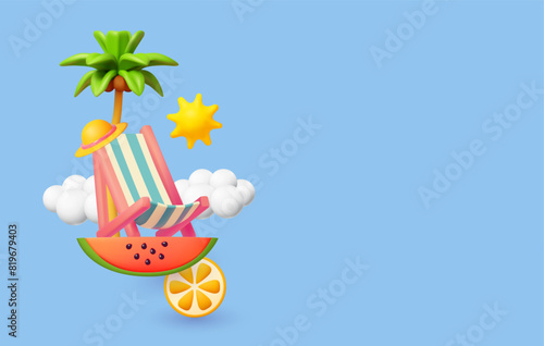 Summer vacation. Beach chair, palm. sun, hat, watermelon and orange. sea relax. Tropical travel. 3D render vector realistic elements. © feaspb