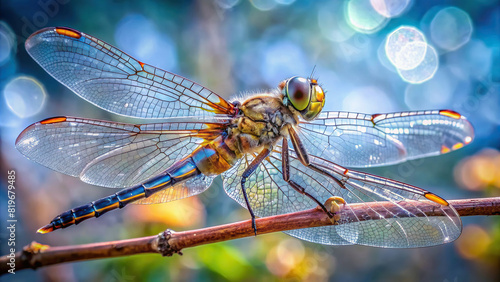 Macro view of a dragonfly perched on a twig, transparent wings gleaming, clear background © prasit