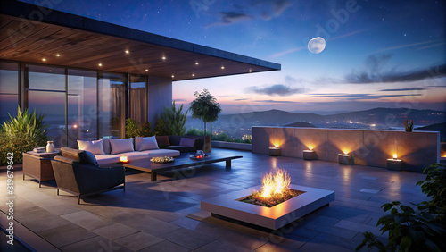Contemporary rooftop terrace with panoramic views, lounge seating, and fire pit photo