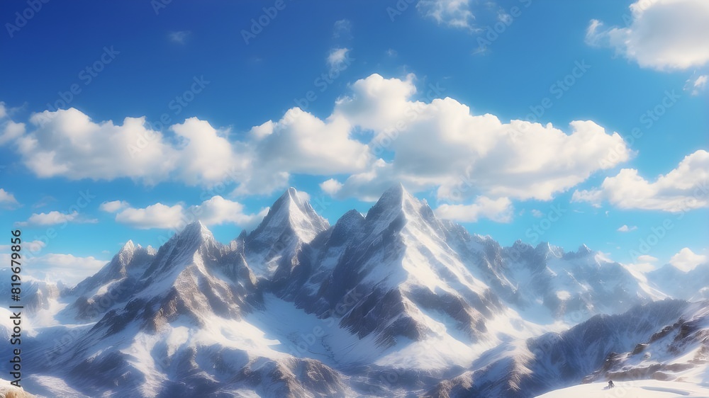 A stunning mountain range, photographed in  with snow-capped peaks against a brilliant blue sky.