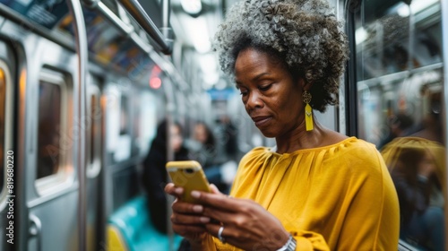 Woman Using Smartphone on Subway photo