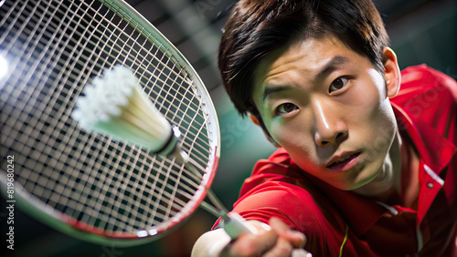 A determined close-up of a badminton player smashing the shuttlecock with power and precision, their serious expression reflecting their focus on the game