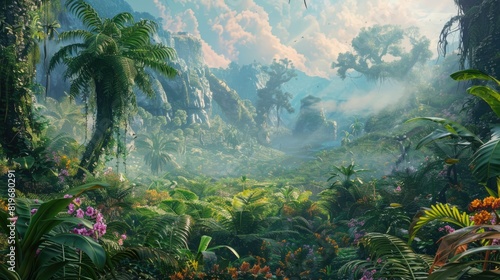A prehistoric landscape with towering megaflora  giant ferns  and colossal flowers creating a dense  vibrant green jungle under a misty sky 