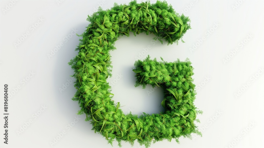 A 3D model of the letter G crafted from a bed of thick green grass, looking lush and full, set against a stark white backdrop for emphasis. A 3D model of the letter G crafted from a bed of thick green grass, looking lush and full, set against a stark white backdrop for emphasis.