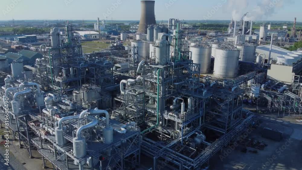 Drone 50fps. Oil refinery. Cooling towers. Oil distillation units. Oil industry, manufacturing. Drone 50fps. Oil refinery. Cooling towers. Oil distillation units. Oil industry, manufacturing.