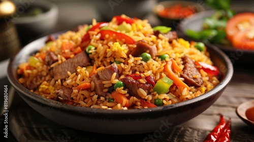 Nasi Goreng: Southeast Asian Fried Rice Dish with Meat and Vegetables. Generative AI