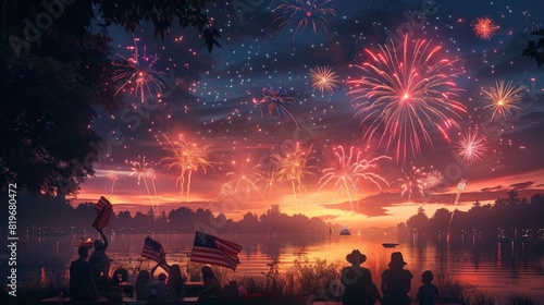 Independence Day Fireworks: Depict a lively 4th of July celebration with fireworks lighting up the night sky. Include families and friends gathered in a park, some waving American flags.