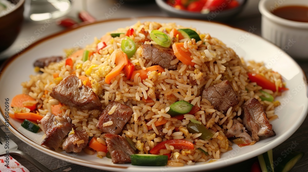 Nasi Goreng: Southeast Asian Fried Rice Dish with Meat and Vegetables. Generative AI