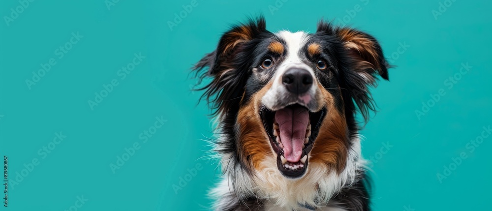 Ecstatic Australian Shepherd with open mouth on a bright teal background with copy space, Ecstatic Australian Shepherd with open mouth on a bright teal background with copy space,