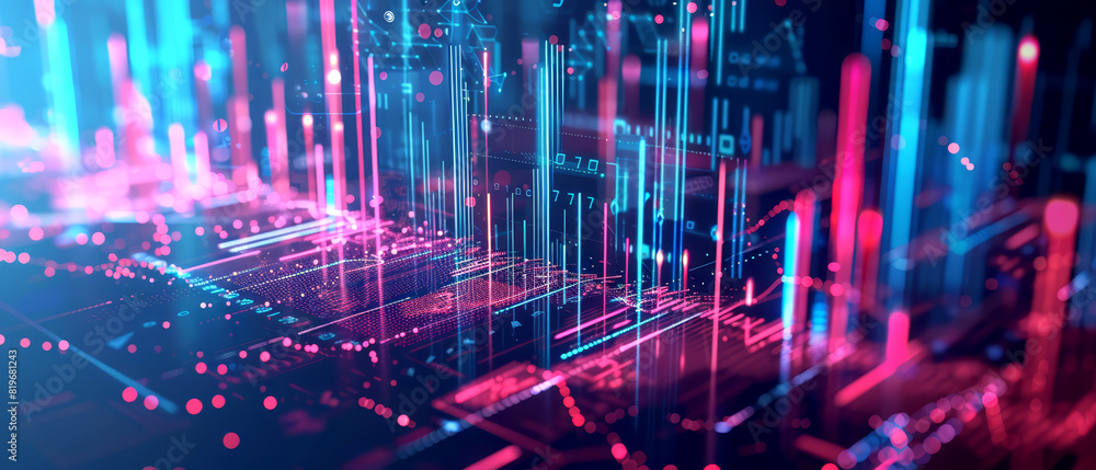 Fototapeta premium Abstract financial diagram with dynamic bars and interactive charts on a futuristic background, copy space,