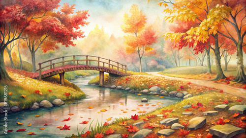 A picturesque meadow blanketed with colorful autumn leaves, with a small wooden bridge crossing over a babbling creek