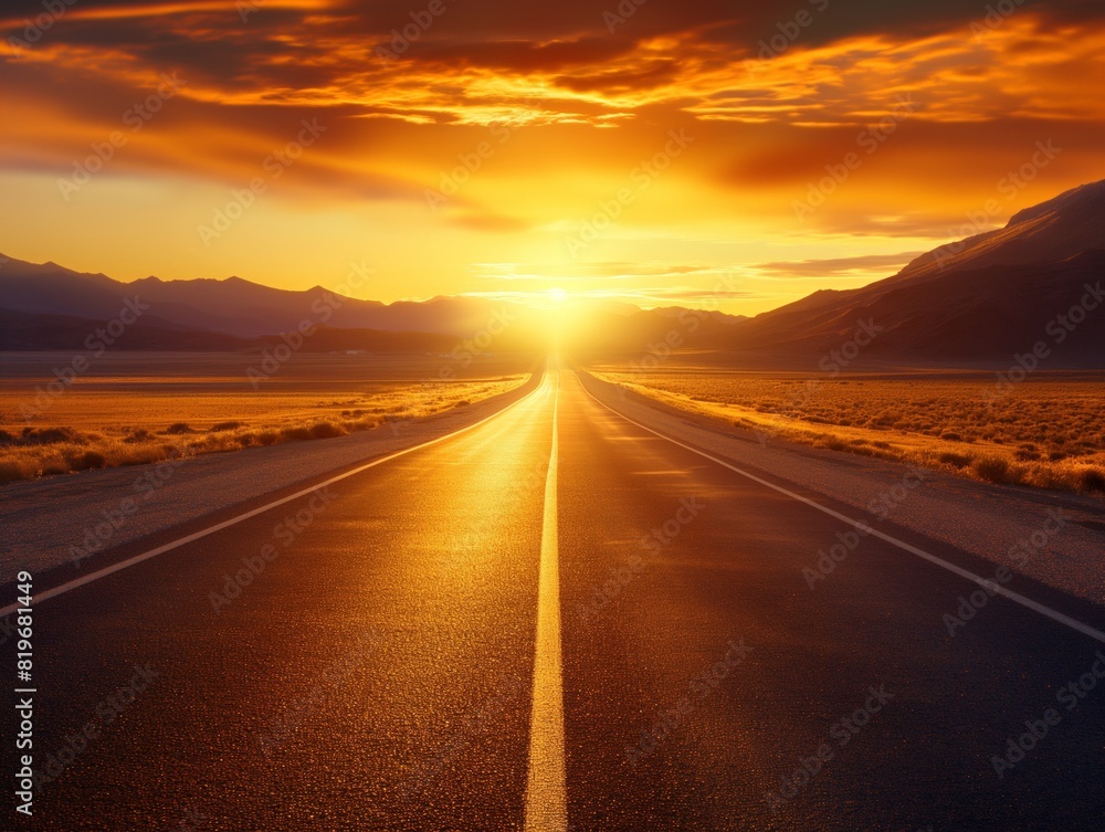 A long, empty road stretches into the horizon under a vibrant sunset, symbolizing journey and adventure.