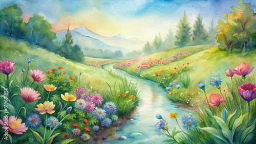 Wildflowers bloom in vibrant hues, while a gentle stream winds its way through the lush greenery