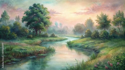 A gentle stream meanders through the lush greenery, reflecting the soft hues of dawn