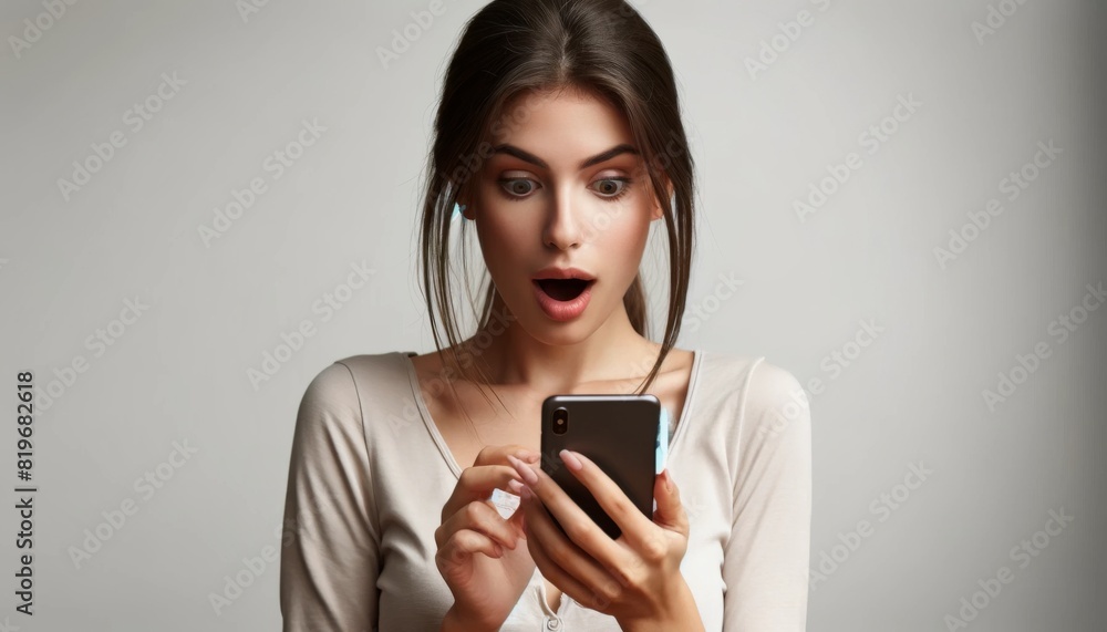 驚いた表情でスマートフォンを見つめる若い女性 驚いた表情でスマートフォンを見つめる若い女性