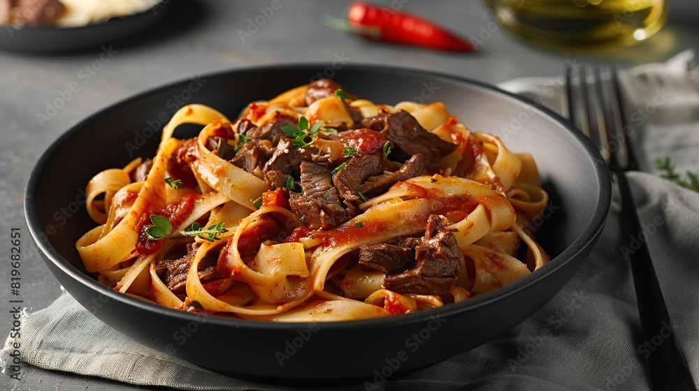Pasta Fettuccine with Beef Ragout Sauce in Black Bowl. Generative AI Pasta Fettuccine with Beef Ragout Sauce in Black Bowl. Generative AI