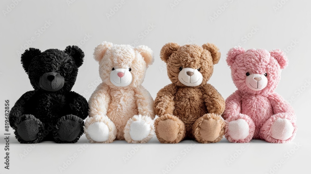 Assorted teddy bears in black, white, brown, and pink, sitting in a row, on a plain white background, ideal for toy promotions Assorted teddy bears in black, white, brown, and pink, sitting in a row, on a plain white background, ideal for toy promotions