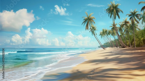 Tropical beach with palm trees, golden sands, and gentle waves.