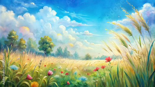 A serene meadow nestled beneath a vibrant azure sky, where a gentle breeze sways the tall grasses and wildflowers, creating a picturesque scene of tranquility