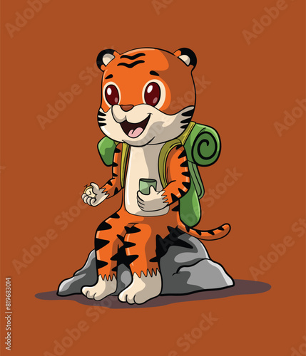 cartoon illustration design of a cute tiger on holiday hiking up a mountain.eps
