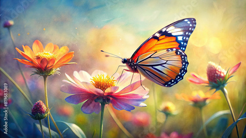 Close-up of a vibrant butterfly perched on a blooming flower in a sunlit meadow, with soft focus background  © Woonsen