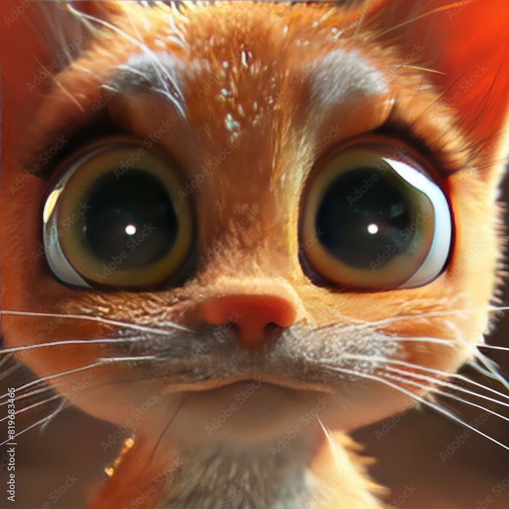 3D funny, cunning cartoon face of a red kitten close-up. Print for T-shirts. Funny character for comics, children's literature, cartoon. Design for printing on fabric, paper. Decor for a children's ro