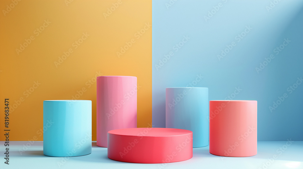 3D rendering of a simple geometric scene with a large yellow sphere, a blue sphere, a pink, Set of background with yellow blue pink cylinder pedestal podium bouncing white and colorful balls scene. 3D rendering of a simple geometric scene with a large yellow sphere, a blue sphere, a pink, Set of background with yellow blue pink cylinder pedestal podium bouncing white and colorful balls scene.