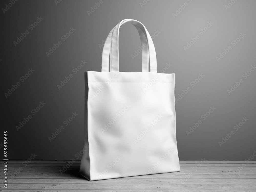 Blank white tote bag on wooden floor against a gray background, suitable for design mockups. Generative AI Blank white tote bag on wooden floor against a gray background, suitable for design mockups. Generative AI