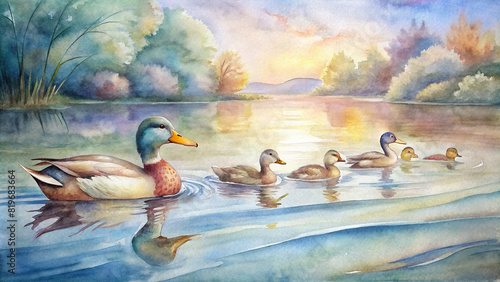 A family of ducks glides gracefully across the tranquil surface, their reflections mirroring in the calm waters