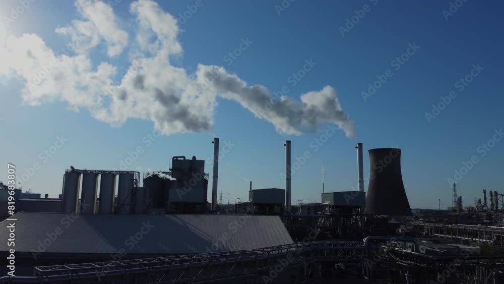 Drone 50fps. Oil refinery. Cooling towers. Oil distillation units. Oil industry, manufacturing. Drone 50fps. Oil refinery. Cooling towers. Oil distillation units. Oil industry, manufacturing.
