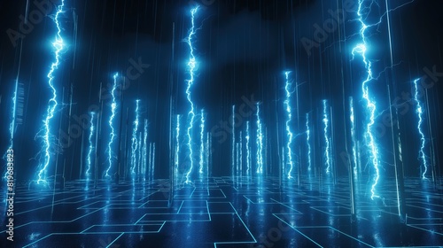 A 3D-rendered image showing a series of vertical blue lightning bolts that form a tight grid, resembling a futuristic cityscape at night. 32k, full ultra HD, high resolution photo