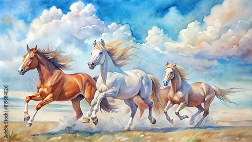 A group of wild horses galloping across an open field, their mane flowing in the wind as they run freely beneath the vast expanse of a blue sky dotted with fluffy white clouds photo