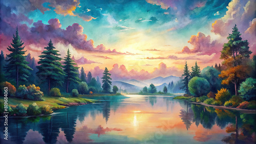 Panoramic view of a tranquil lake surrounded by lush greenery and towering trees, reflecting the vibrant colors of sunset  photo