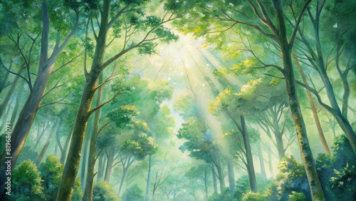 Panoramic view of a lush forest canopy with sunlight filtering through the leaves  creating a tranquil atmosphere 