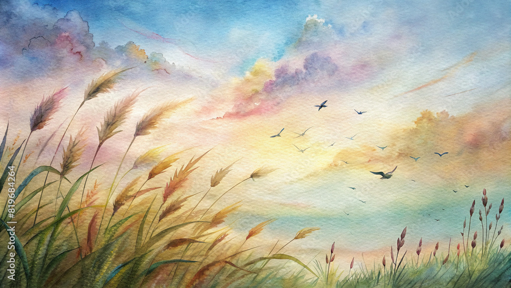 A gentle breeze rustles through the grasses, while birdsong fills the air with melody
