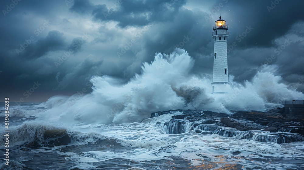A majestic lighthouse standing tall on a rocky coastline, surrounded by powerful, crashing ocean waves under a stormy sky