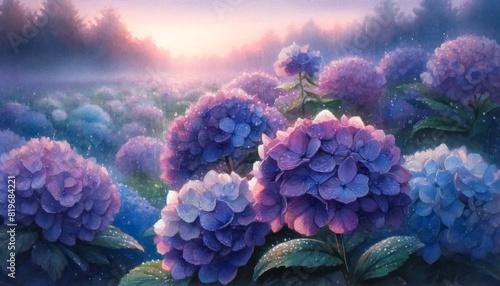 雨の日の紫陽花畑の風景　水彩画 photo