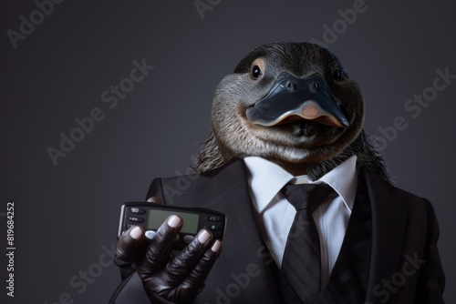A platypus in a suit holding a presentation remote