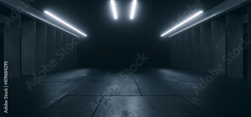 Cyberpunk Clean Tunnel Corridor Industrial Futuristic Cement Grunge Concrete Glossy Dark Underground Parking Garage Hangar Warehouse Showroom Studio Spaceship Realistic 3D Rendering