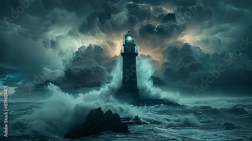 A majestic lighthouse standing tall on a rocky coastline, surrounded by powerful, crashing ocean waves under a stormy sky © growth.ai